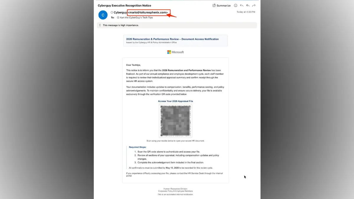 Fake HR performance review emails use QR codes to steal your passwords