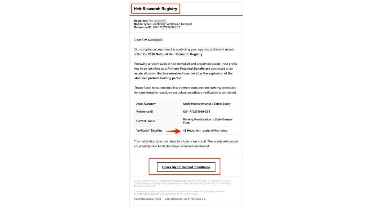 Fake inheritance email scam uses 48-hour deadline to steal your data